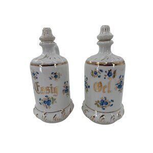 German Ceramic Oil & Vinegar Dispenser Set Blue Floral Design Gold Accents